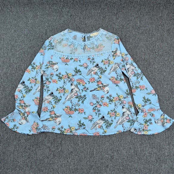 Golden Tulip Cottagecore Bird Floral Blouse M Blue Lace Mesh Yoke Bell Sleeve — photo 2